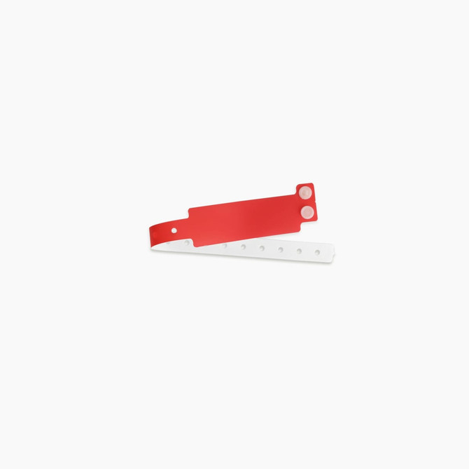 A red and white disposable PVC wristband with perforations and a logo. Ideal for events and exhibitions.