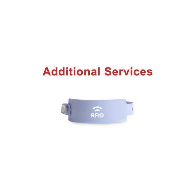 A light blue disposable PVC wristband featuring an RFID symbol and a logo.