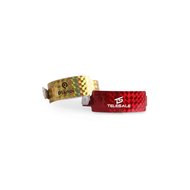 Two disposable holographic PVC wristbands, one in gold with a logo and the other in red with a logo.