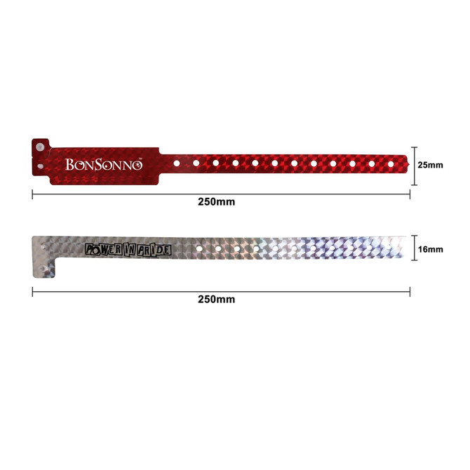 Two disposable holographic PVC wristbands in red and silver, each measuring 250mm in length with a branding logo.