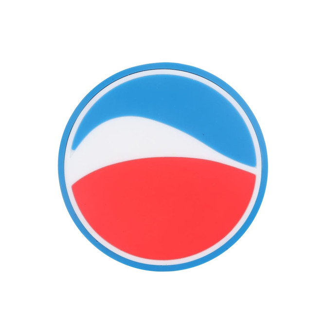 A circular promotional item featuring blue and red sections, with a stylised wave design and a logo.
