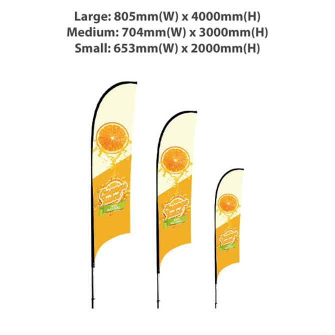 Three concave feather banners in orange and yellow, varying in size: large, medium, and small, with black poles.