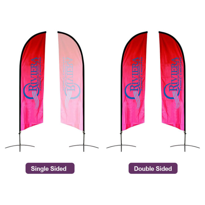 Angled feather banners in red and pink, featuring a logo, displayed in single and double-sided designs.