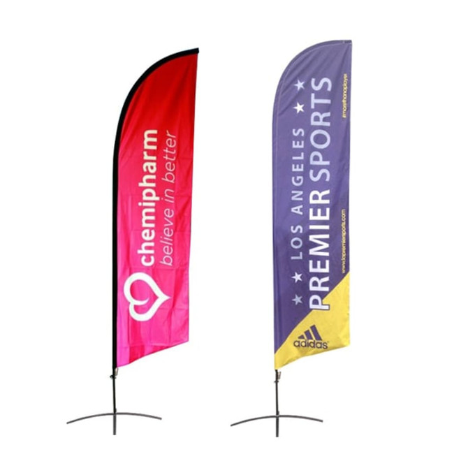 Two angled feather banners, one in pink and the other in purple, with branding on each.