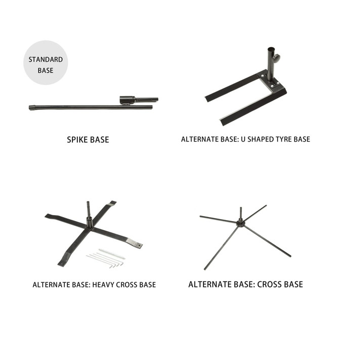 A display of various bases for feather banners, including spike, U-shaped tyre, heavy cross, and cross bases, in black.