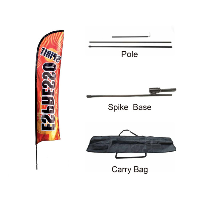 A large straight feather banner in vibrant colours, accompanied by a pole, spike base, and carry bag.