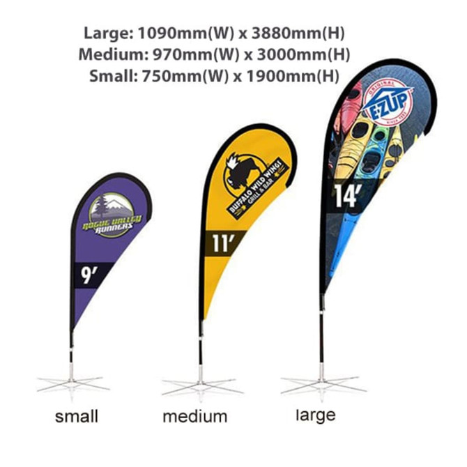 Large teardrop banner (1090mm x 3880mm) in vibrant colours with a logo, alongside medium and small versions for comparison.