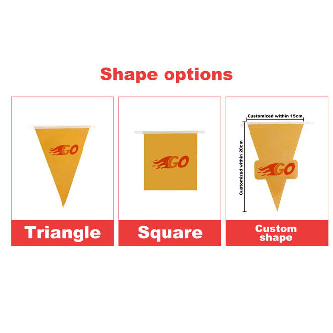 Yellow custom paper pennant string flags in triangle and square shapes, with options for custom shapes.