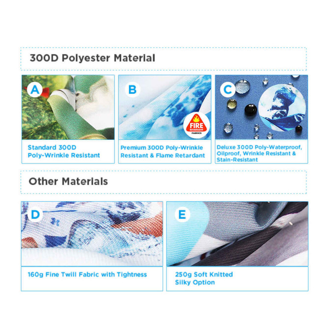 Samples of various table cloth materials, including 300D polyester options in multiple colours and textures.