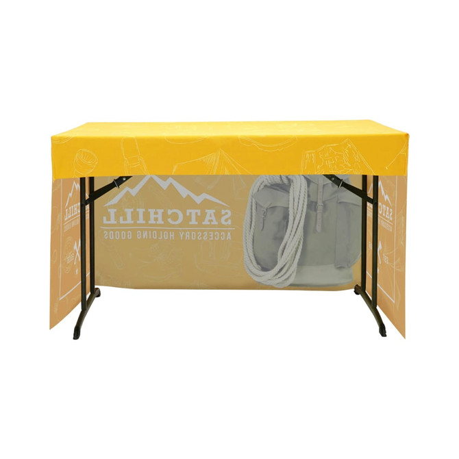 A yellow 3-side fitted table cloth for an 8ft table, featuring a logo and a grey backpack beside it.