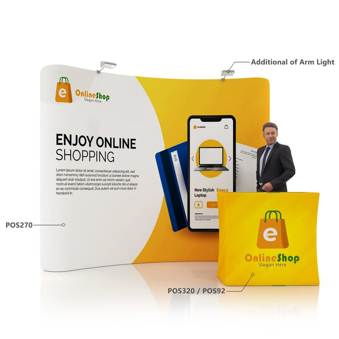 A curved tension fabric display wall featuring a yellow and white design, with a product image and a figure beside it.