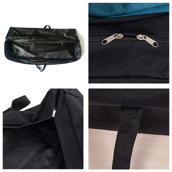 A black bag with zippers is displayed, showcasing its interior and fabric details, including handles and stitching.