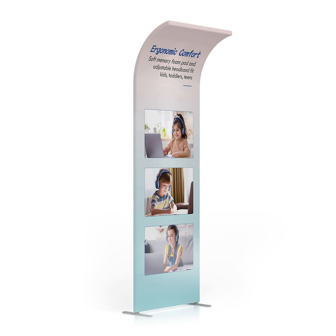 A curved fabric banner stand featuring images of children using headsets, with a gradient blue and white design.