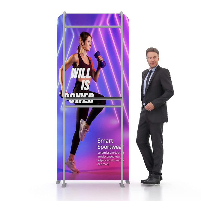 A promotional banner stand featuring a model in athletic wear, with a vibrant purple background and a logo at the top.
