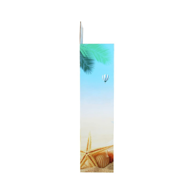 A tall cardboard floor display featuring a beach scene with palm leaves, shells, and a hot air balloon design.