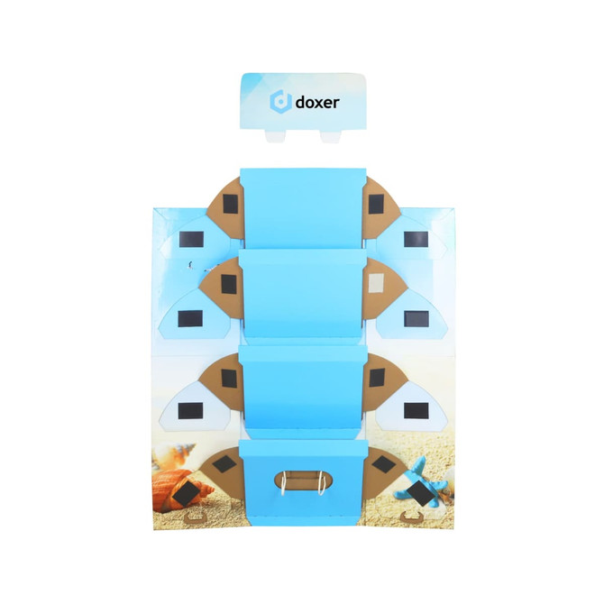 A premium cardboard floor display in light blue, featuring multiple compartments and a logo at the top.