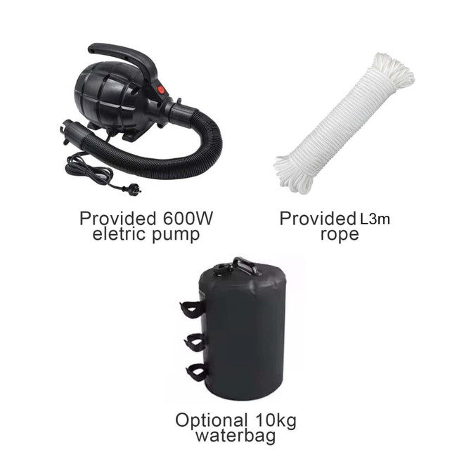 A black electric pump, a white rope, and a black waterbag are displayed. The items are related to an inflatable product.