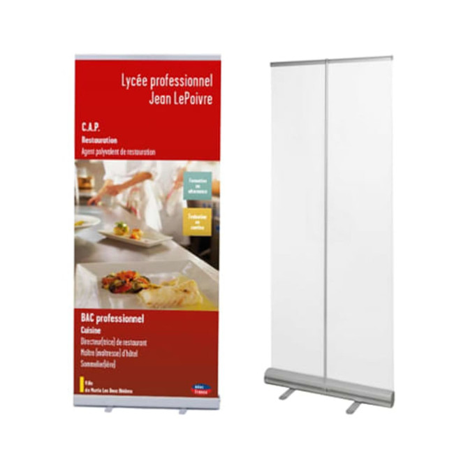 A pull-up banner featuring a red design with a logo, alongside a plain white side. Banner size is 80 x 200cm.