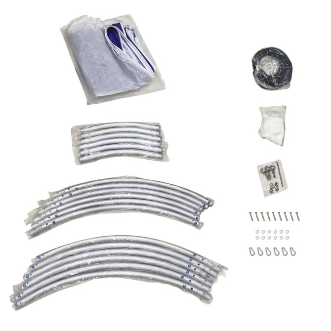 A set of silver metal poles, fabric components, and assorted hardware for a round hanging banner.