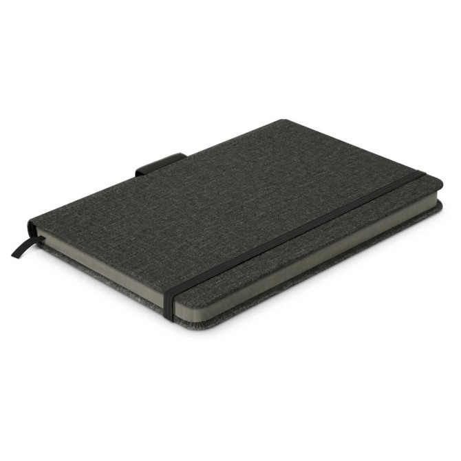A dark green notebook with a textured cover, featuring an elastic band and a ribbon bookmark. It has a logo on the front.