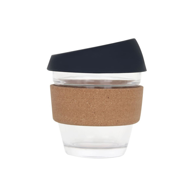 A reusable 8 oz glass coffee cup with a cork band and a dark lid, featuring a sleek design.
