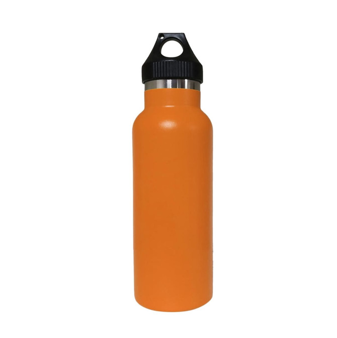 A drink bottle in vibrant orange with a double wall design and a black PP lid. Features a logo or branding.