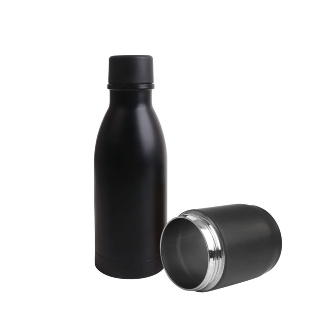 A drink bottle in matte black stainless steel with a detachable cap, featuring a sleek design and metal interior.