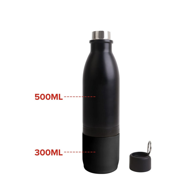 A drink bottle featuring a sleek black design, with a dual compartment for 500ml and 300ml capacities.
