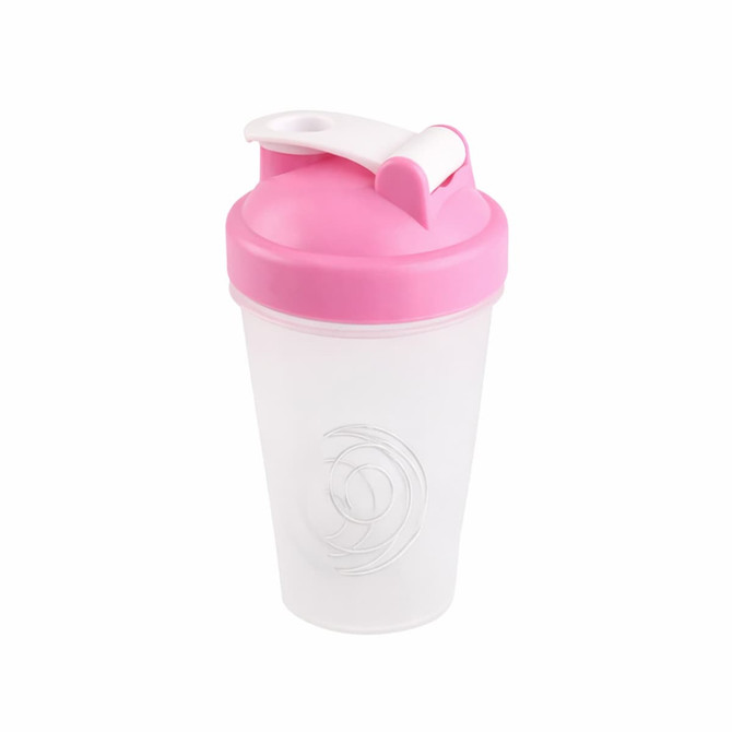 A drink bottle with a translucent body and a pink lid, featuring a flip-top spout and a logo.