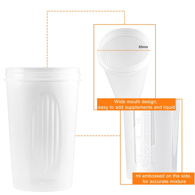 A drink bottle with a wide mouth design, made of clear plastic, featuring measurement markings and a logo.