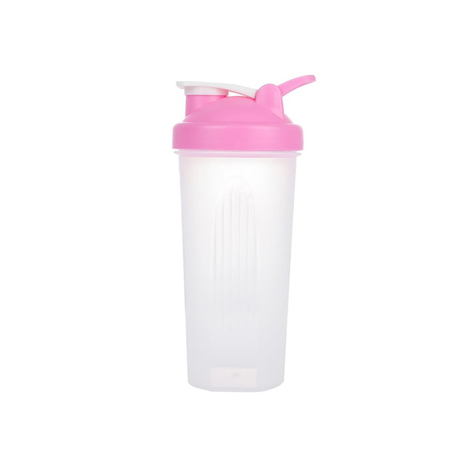 A drink bottle with a pink lid and a transparent body, featuring a logo and a loop for easy carrying.