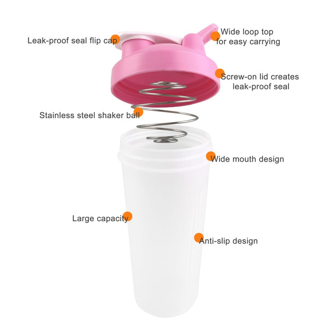 A drink bottle with a pink loop top and white body, featuring a stainless steel shaker ball and a wide mouth design.
