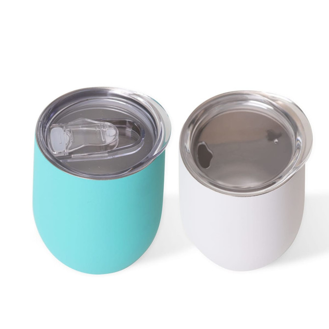 A drinkware cup set featuring a turquoise and a white 12oz double wall egg-shaped coffee cup with clear lids.