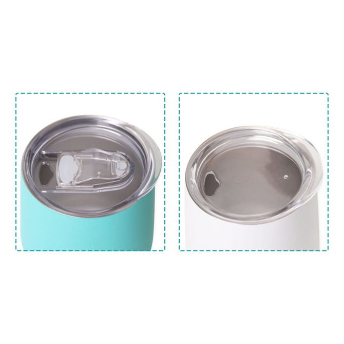A double wall egg-shaped coffee cup in turquoise and white with a metal lid, featuring a logo.