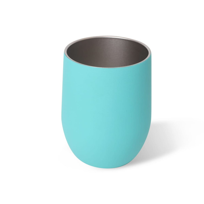 A turquoise double wall coffee cup with an egg shape, featuring a metallic grey interior and a logo.