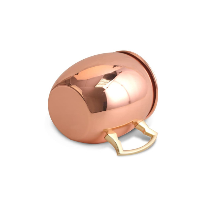 A copper mug with a gold handle, featuring a polished exterior and rounded shape, placed on a white background.
