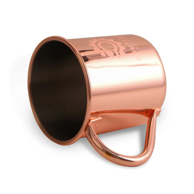 A copper Moscow Mule mug with a polished finish and a handle, featuring a logo on the side.