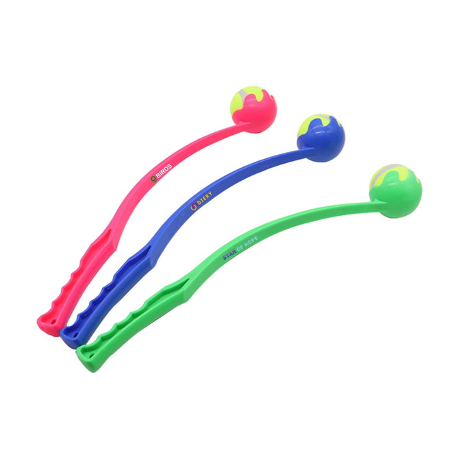 Three ball throwers in pink, blue, and green, each with a round ball at the end and a handle. The product includes branding.