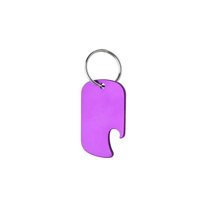 A drink bottle opener keyring in bright purple with a metal ring. It features a dog tag shape and a built-in opener.