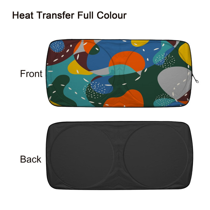 A twin circular sunshade featuring a colourful front design with abstract shapes and a plain black back.