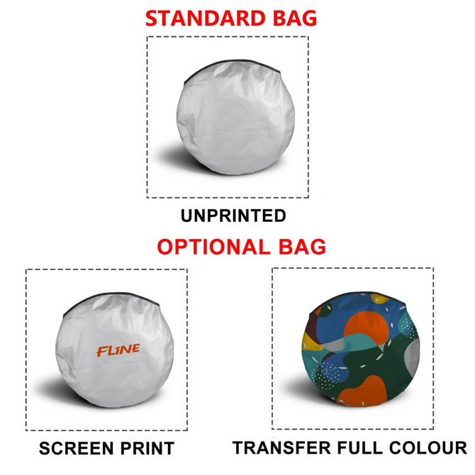 A circular car sunshade in various bag options, featuring a standard unprinted bag and two printed design options.