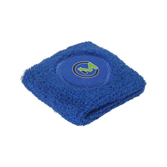 A blue Terry Sport Wristband with a logo, featuring a soft, textured fabric.