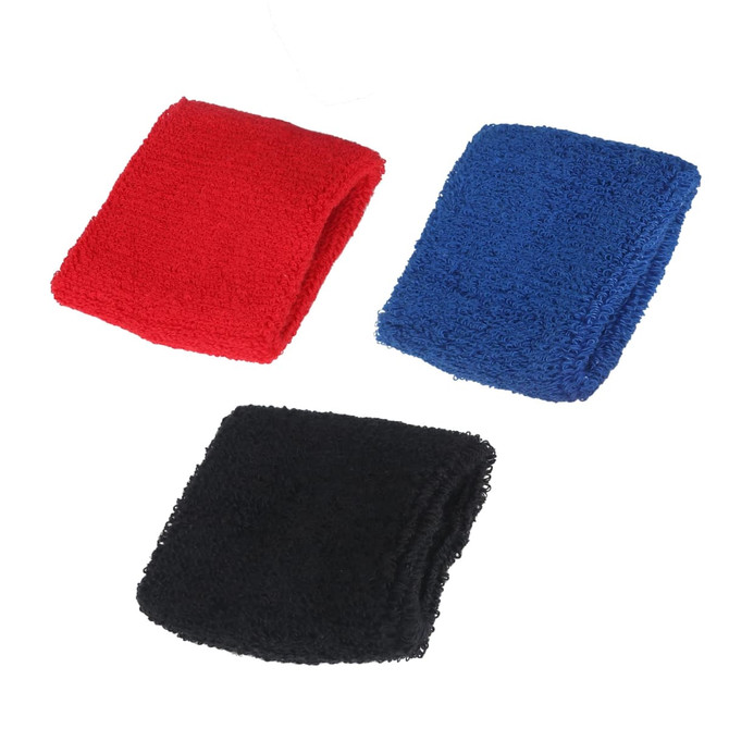 Three Terry Sport Wristbands in red, blue, and black, featuring a textured design and each with a logo.