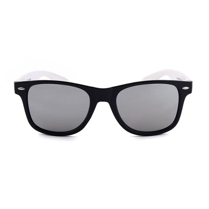 Stylish sunglasses with a black frame and white arms, featuring mirrored lenses and a logo on the side.