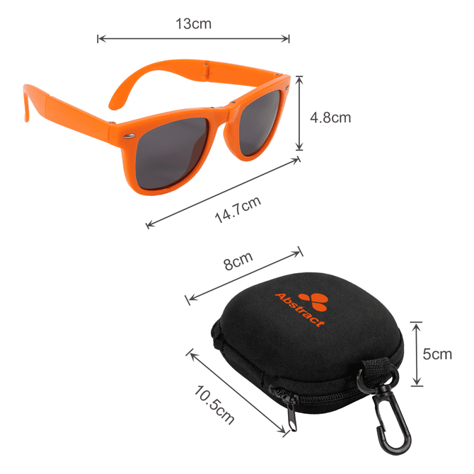Orange folding sunglasses with dark lenses and a black carrying case featuring a logo. Dimensions included.