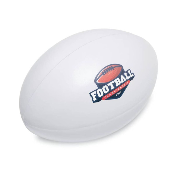 A white rugby ball stress reliever with a logo featuring a football design and text.