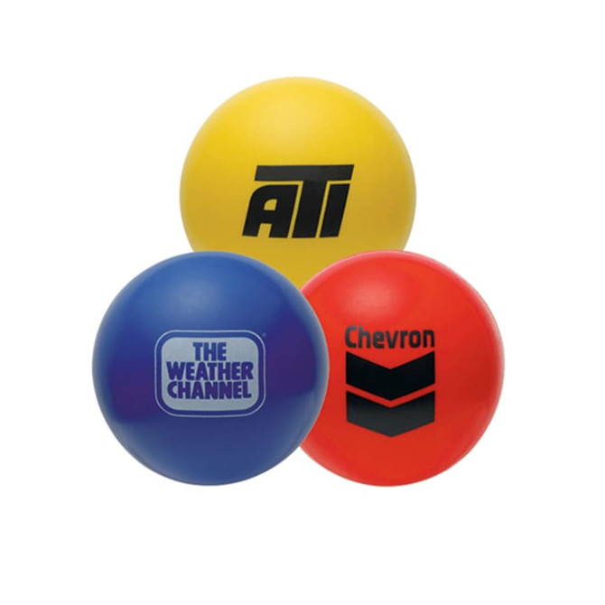 Three stress balls in yellow, blue, and red, featuring various logos on their surfaces.