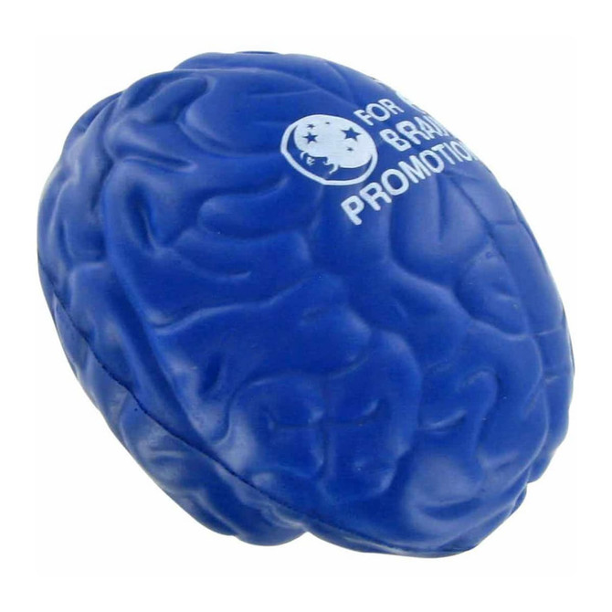 A blue brain-shaped stress reliever with a logo on it, designed for stress relief and relaxation.