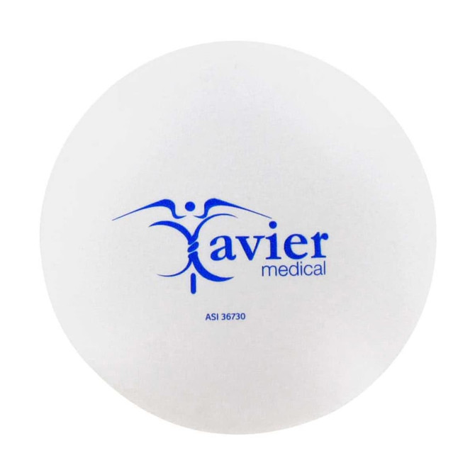 A white stress ball shaped like a tablet with a blue logo on one side.
