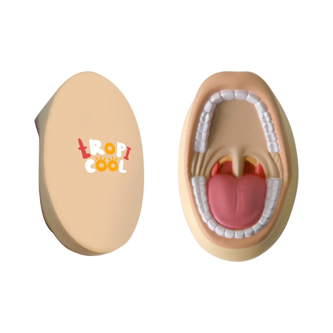 A mouth-shaped stress reliever in flesh tones with detailing on teeth and tongue, featuring a logo.